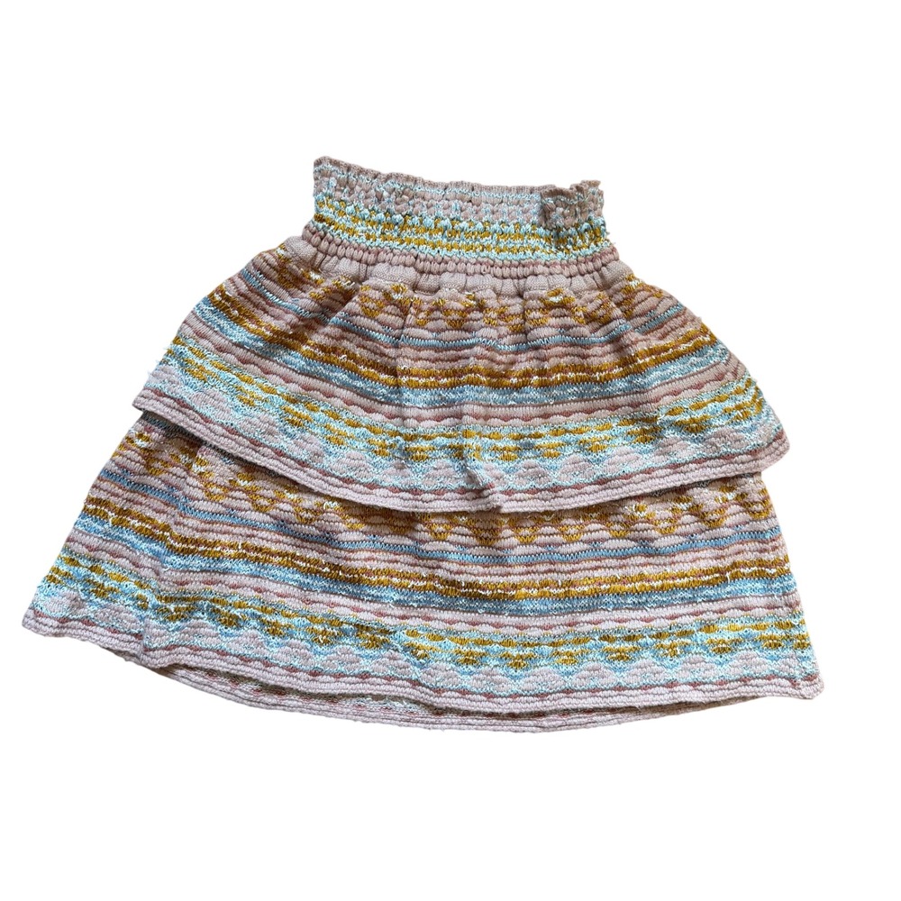 Cecilia Prado Knit Mini Skirt Pink Metallic Chevron Tiered Ruffle Size Small